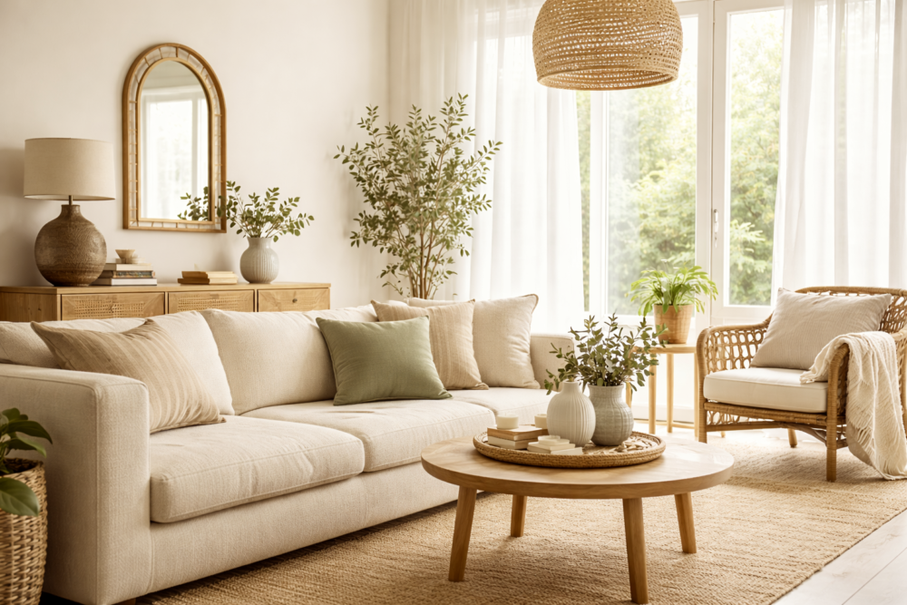 Salón amplio y luminoso con sofá beige, mesa de centro de madera, fibras naturales, plantas y grandes ventanales