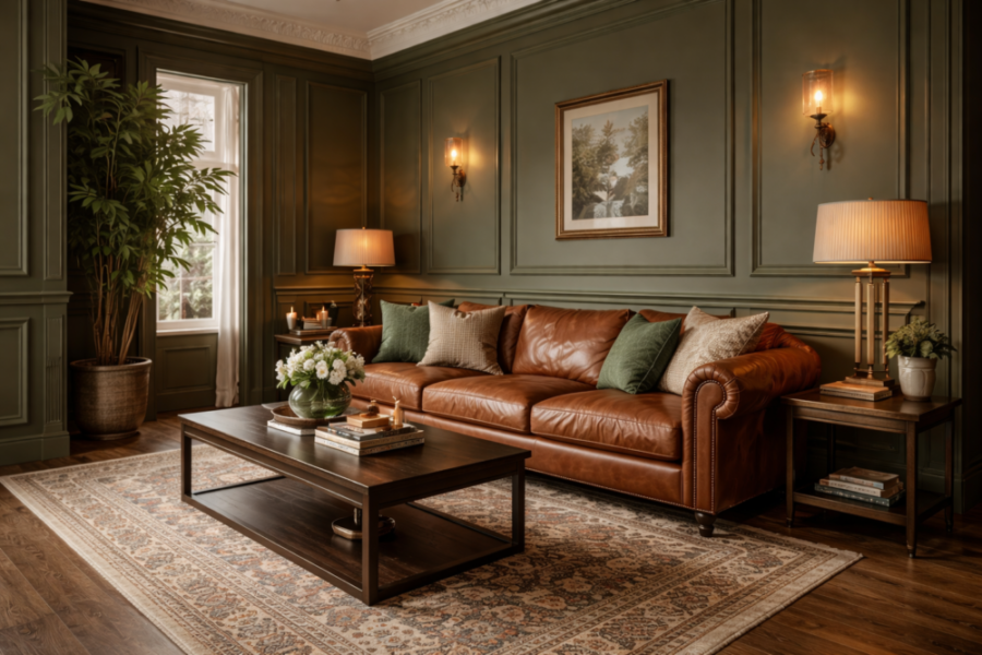 Salón sofisticado con paredes verde oliva paneladas, sofá de piel coñac, alfombra clásica y mesa de centro de madera oscura