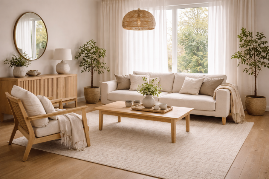 Salón estilo japandi con sofá beige, madera clara, decoración minimalista y luz natural suave