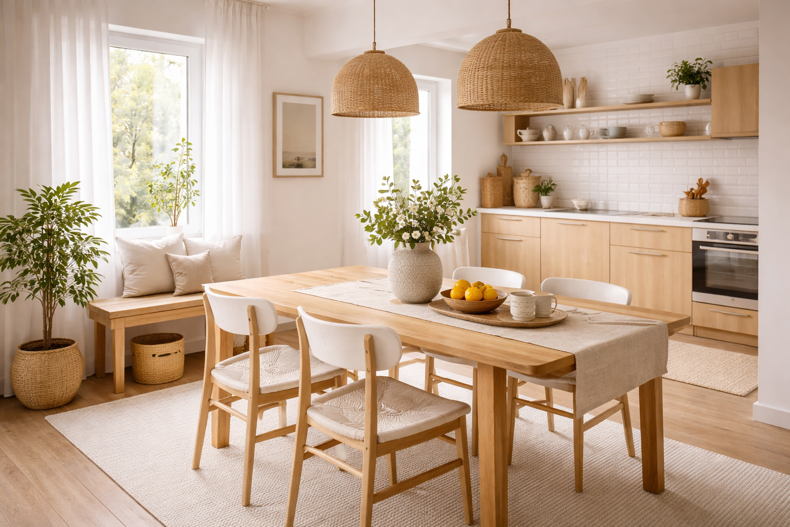 Comedor de estilo nórdico con mesa de madera clara, sillas blancas, lámparas de fibras naturales y cocina abierta luminosa
