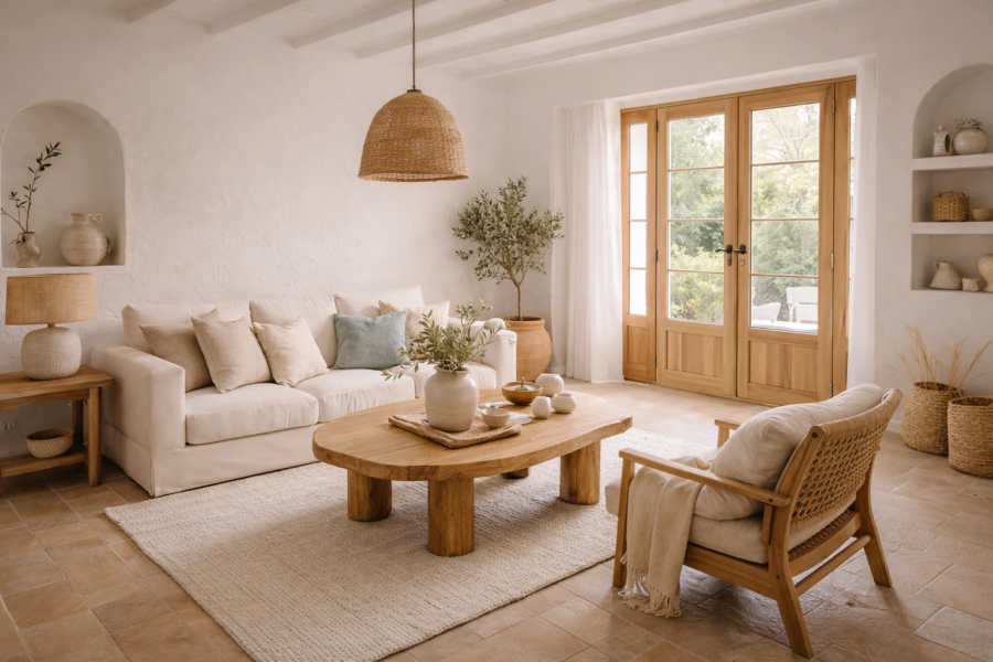 Salón estilo mediterráneo con paredes blancas, muebles de madera, fibras naturales y puertas abiertas al exterior