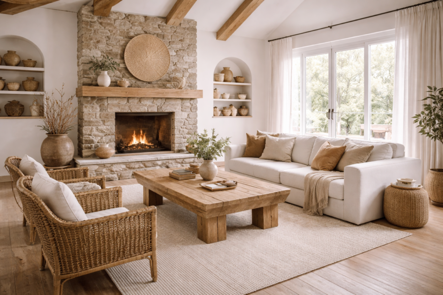 Salón rústico moderno con chimenea de piedra, vigas de madera, sofá neutro y decoración cálida