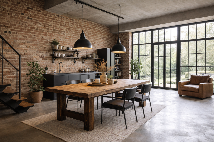Comedor estilo industrial con pared de ladrillo, mesa de madera maciza, sillas metálicas y grandes ventanales