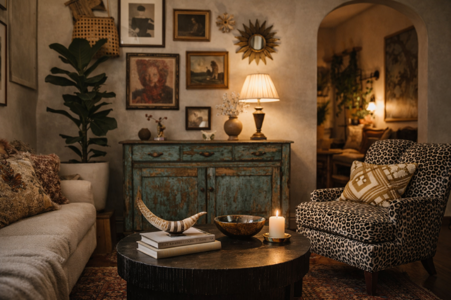 Rincón de salón ecléctico con mueble vintage desgastado, galería de cuadros, sillón estampado y decoración cálida con iluminación ambiental