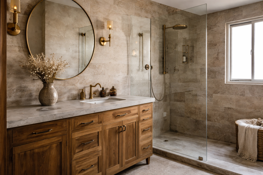 Baño elegante con mueble de madera, lavabo sobre encimera, grifería dorada y ducha con mampara de vidrio