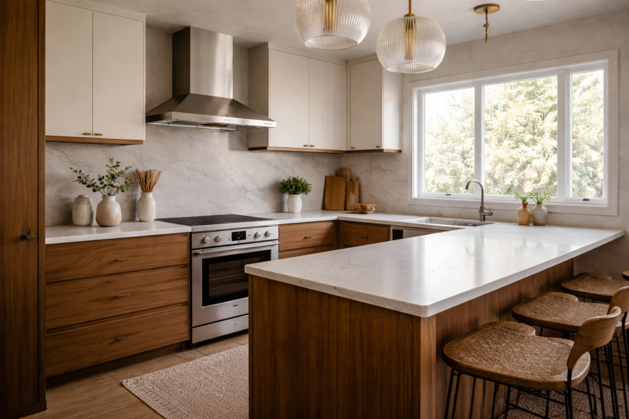 Cocina moderna con muebles de madera, electrodomésticos integrados estilo europeo, isla central y encimera de piedra clara
