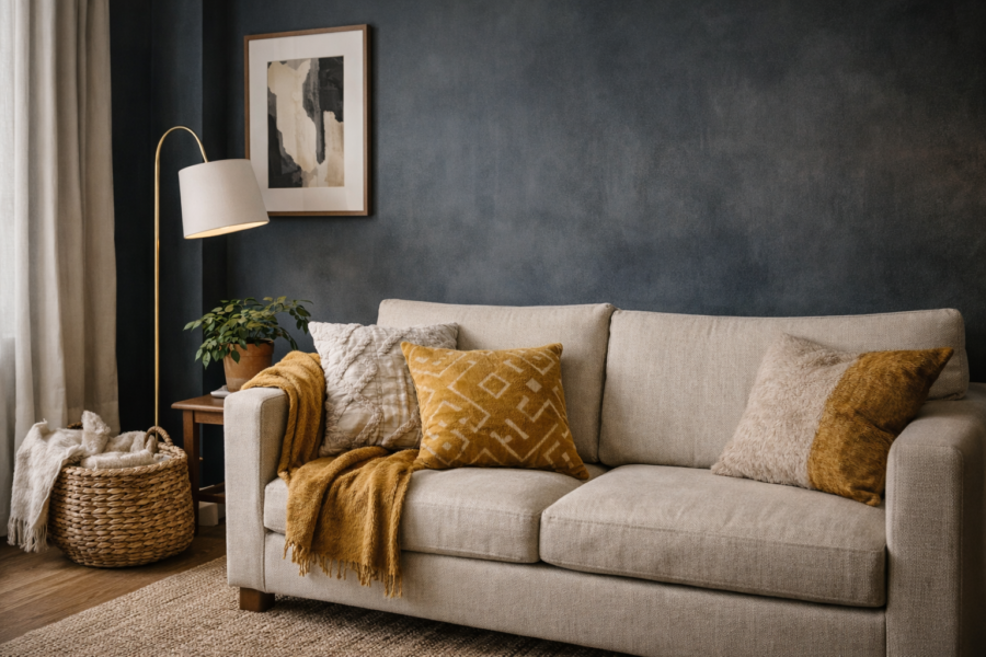 Rincón de salón decorado con pared azul, sofá beige, textiles cálidos y lámpara de pie con iluminación acogedora